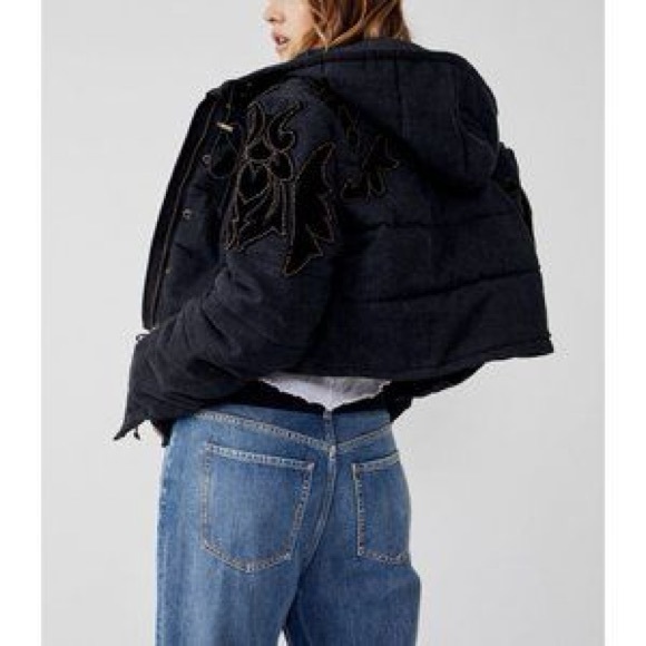 Free People Fleur De Lis Denim Puffer Jacket / Washed Black NWT - Picture 3 of 7